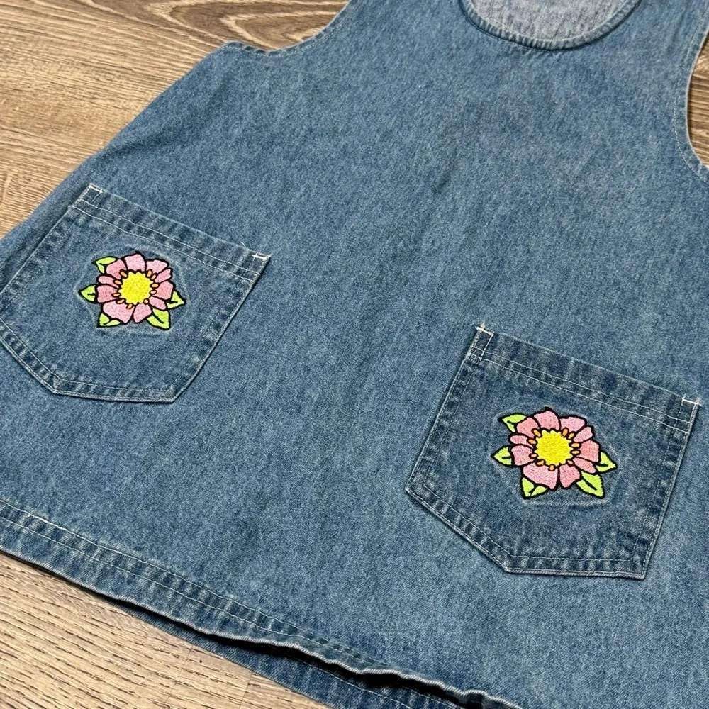 Vintage Sonoma Floral embroidered Blue Denim Kids girls Casual Dress pockets 6x - Picture 2 of 8